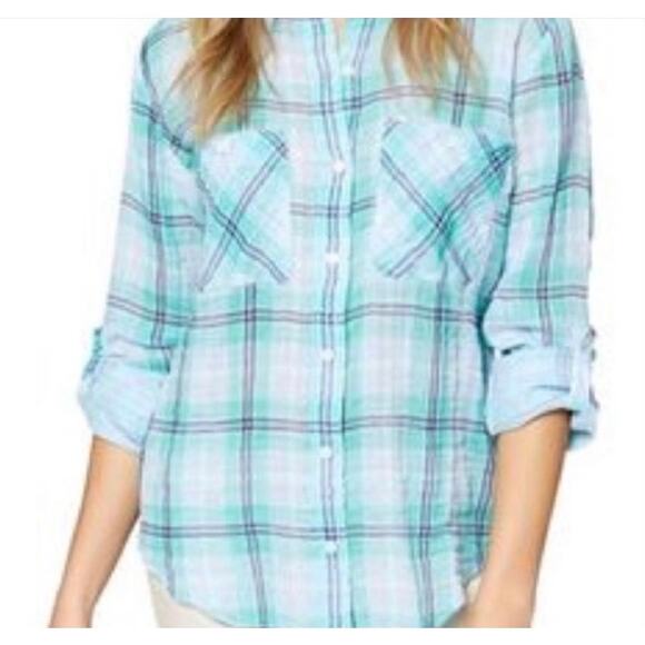 Anthropologie Sanctuary Plaid Gauzy Cotton Turquoise Boxy Button Up Shirt Small - Picture 10 of 11